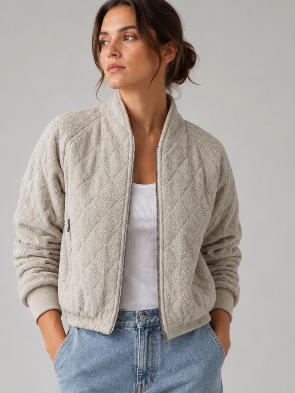 SUNDAYS Quilted Light Gray Zip-Up Jacket. Anthropologie brand